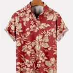 chemise hawaienne rouge à fleurs blanche