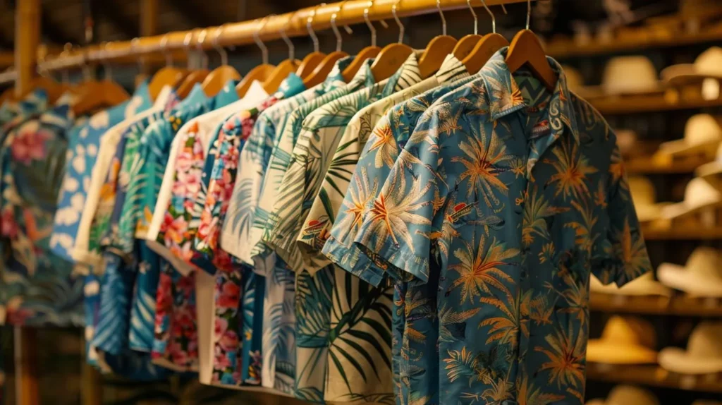 Plusieurs Chemises Hawaïennes Colorées Suspendues Sur Des Cintres Boutique Aloha